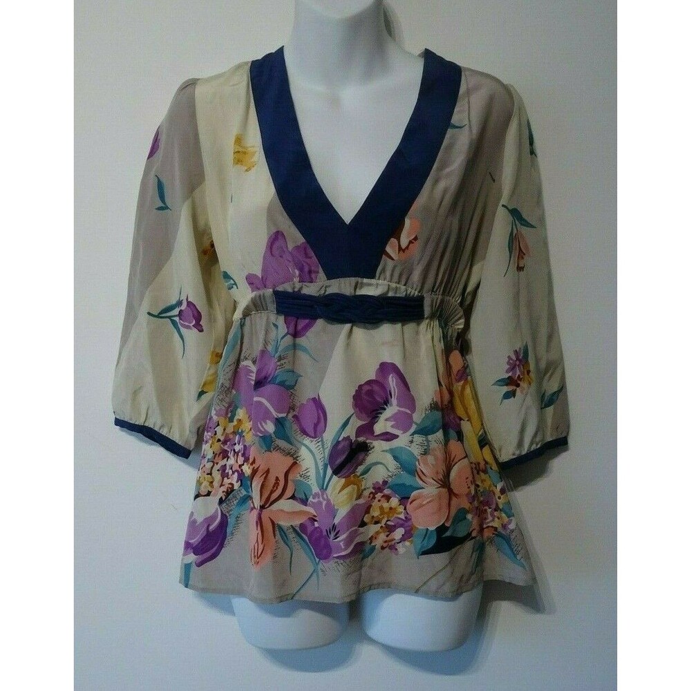 YUMI KIM Women's Silk Floral V Neck Empir 3/4 Bell Sleeve Top Blouse Sz XS